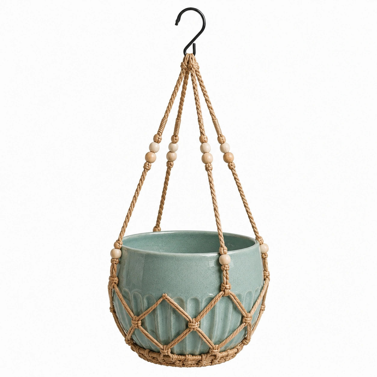 Pot de fleurs suspendu Ø 18 cm en céramique vert sauge avec suspension en corde style bohème