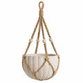 Cache-pot suspendu 18 cm en céramique beige avec corde tressée style bohème