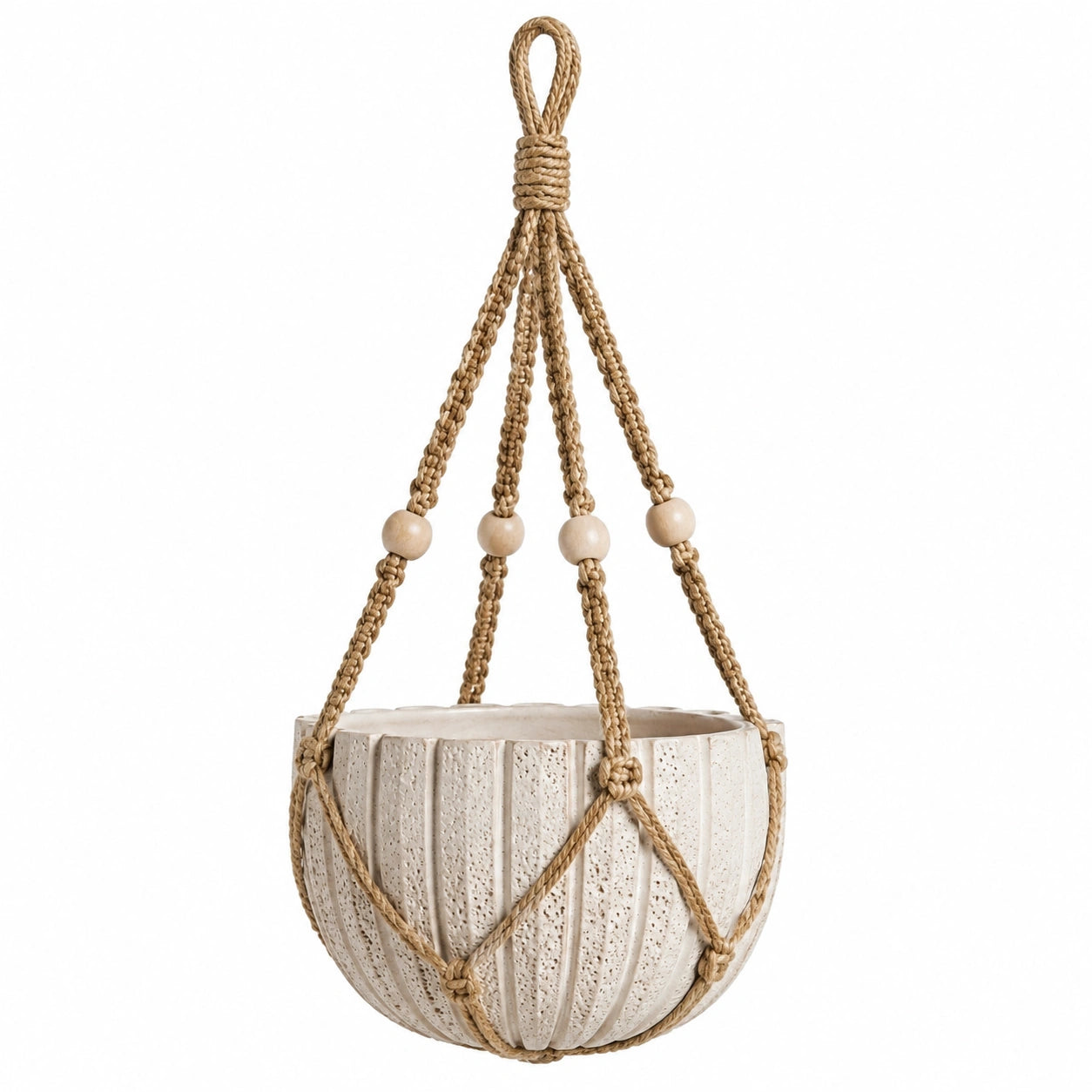 Cache-pot suspendu 18 cm en céramique beige avec corde tressée style bohème