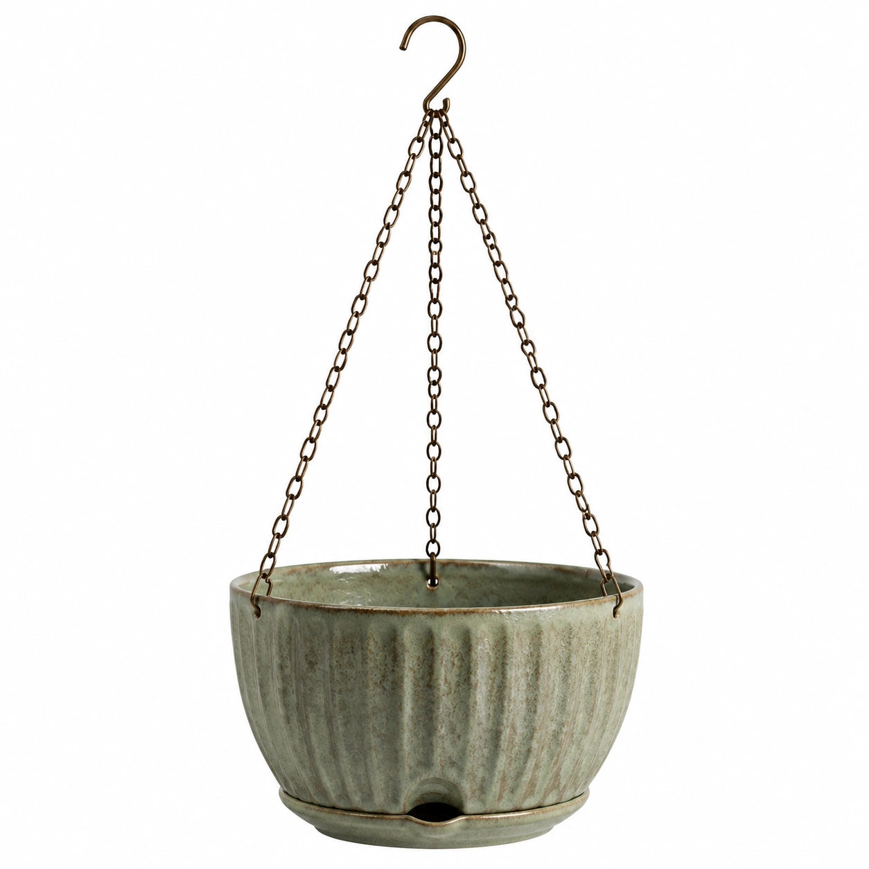 Pot de fleurs suspendu diamètre 24 cm en céramique vert sauge pour plantes style strié