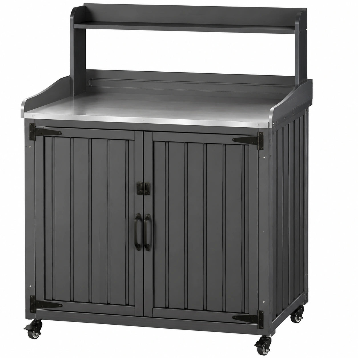 Table de jardinage 100 x 50 x 150 cm en acier noir avec plan de travail inox et rangement mobile