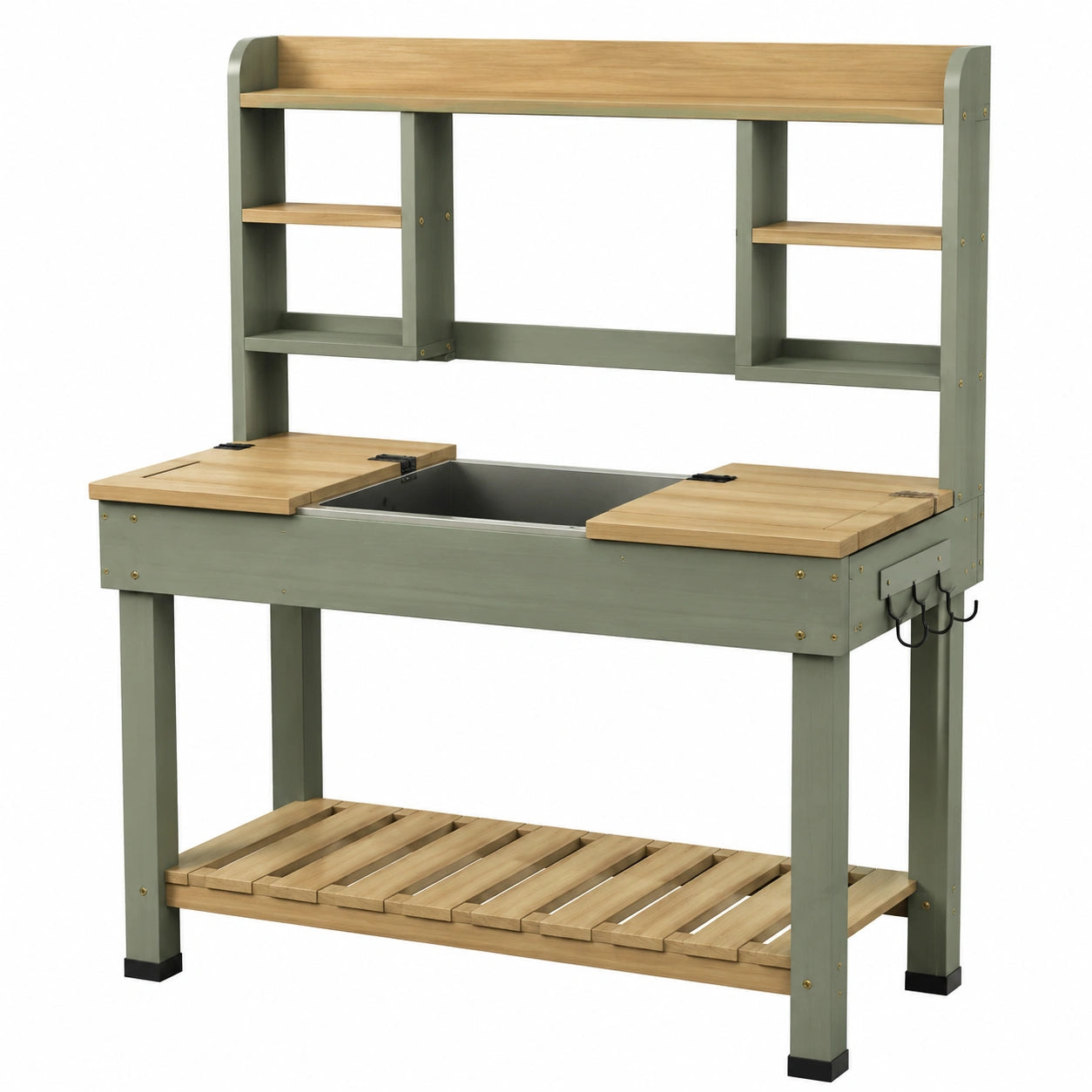 Table de jardinage 120 x 55 x 170 cm en bois vert sauge avec évier et rangements