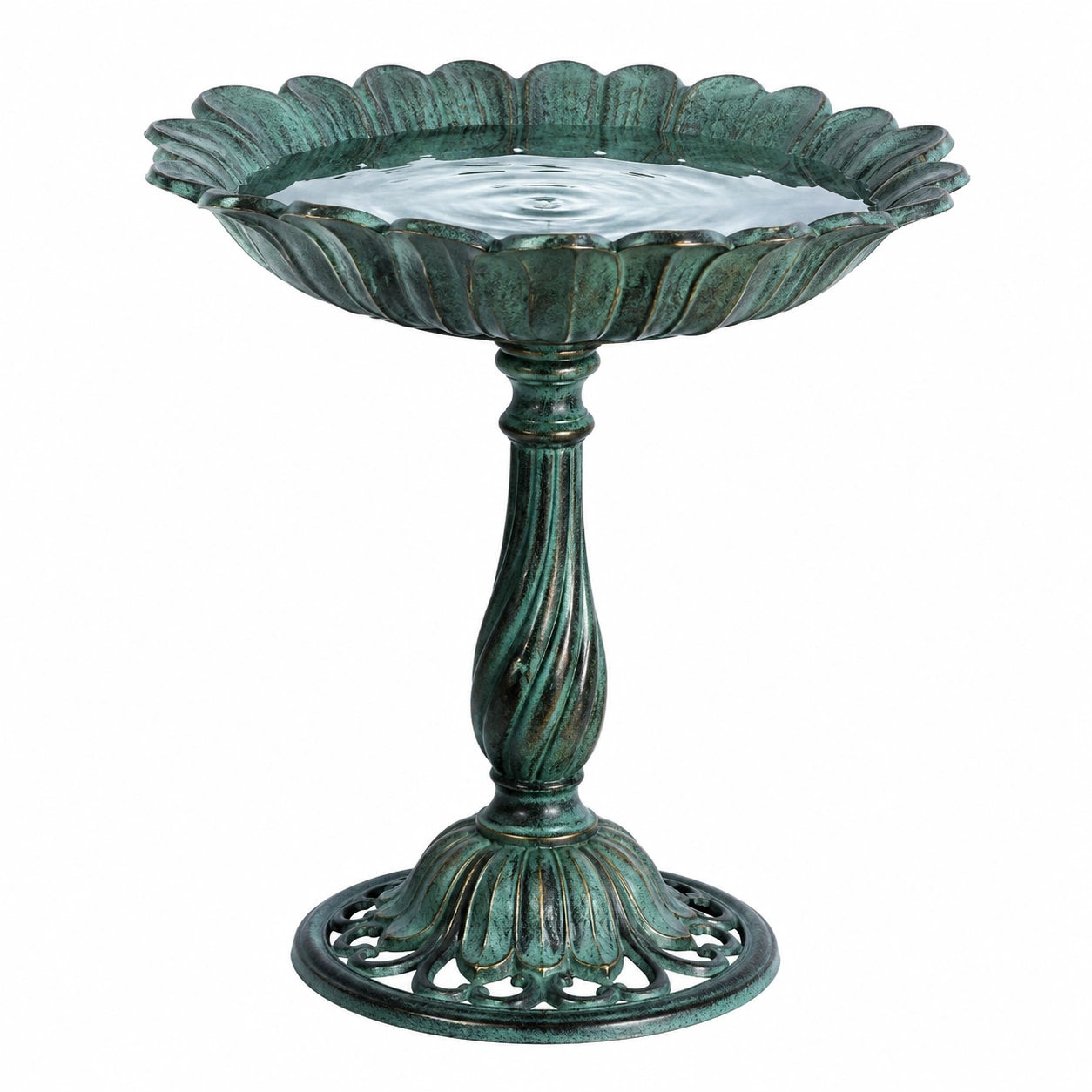 Bain d’oiseaux sur pied 50 cm métal vert antique pour jardin