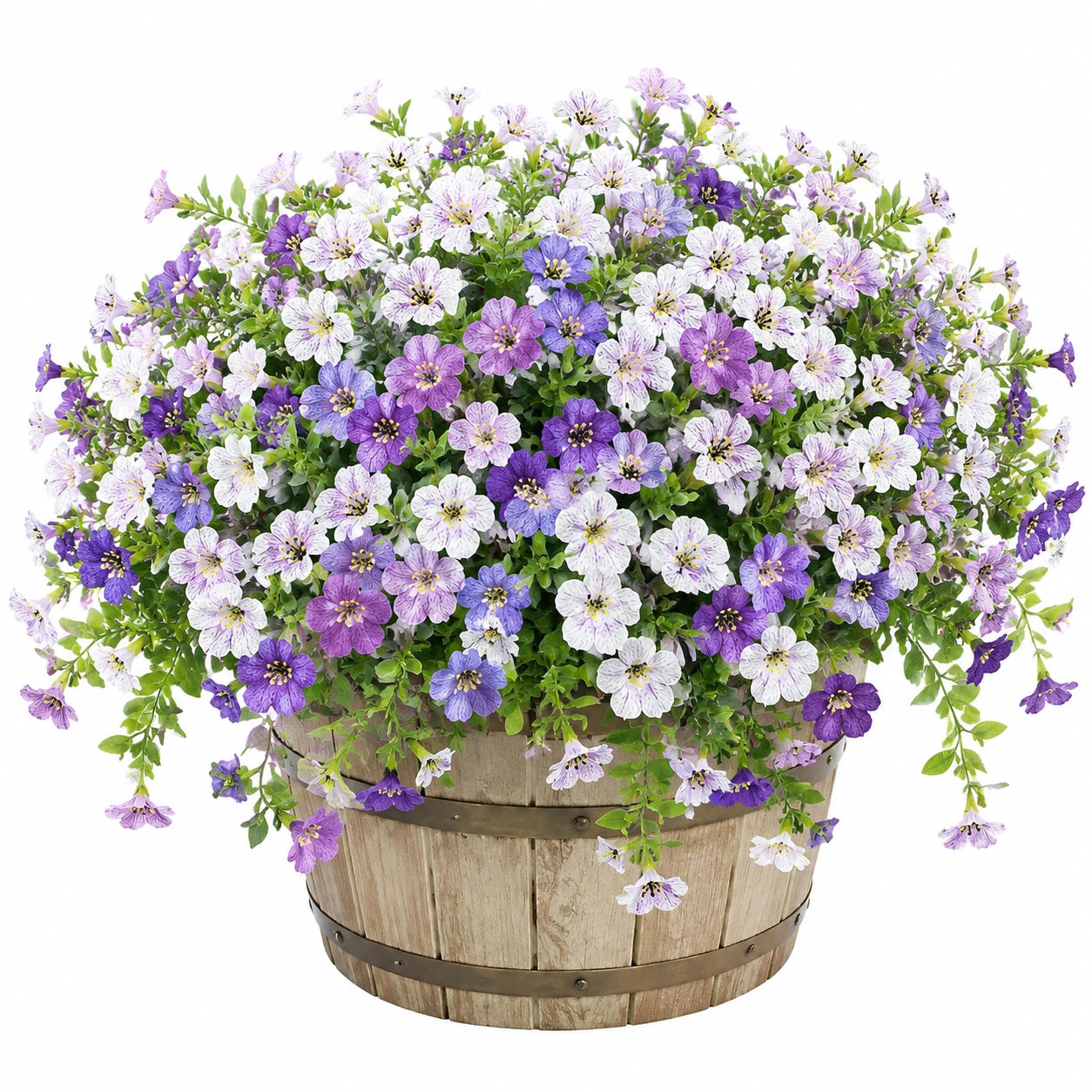 Plante artificielle en pot 55 cm fleurs violettes blanches feuillage retombant décorative