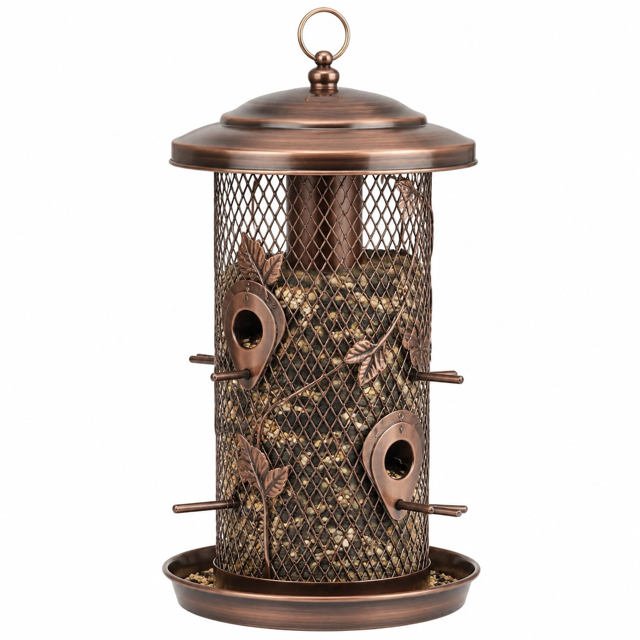 Mangeoire à oiseaux suspendue en métal bronze 25 cm x 45 cm avec grille et plateau