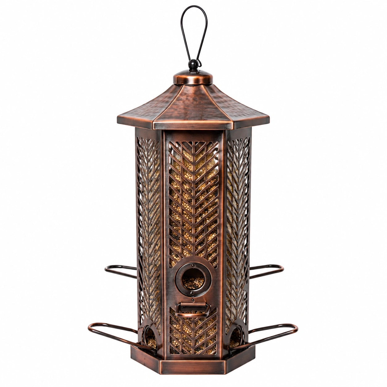 Mangeoire à oiseaux suspendue 25 x 25 x 43 cm en métal bronze style lanternes