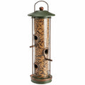 Mangeoire à oiseaux cylindrique 20 x 45 cm en métal vert avec réservoir transparent suspendu à 3 ports